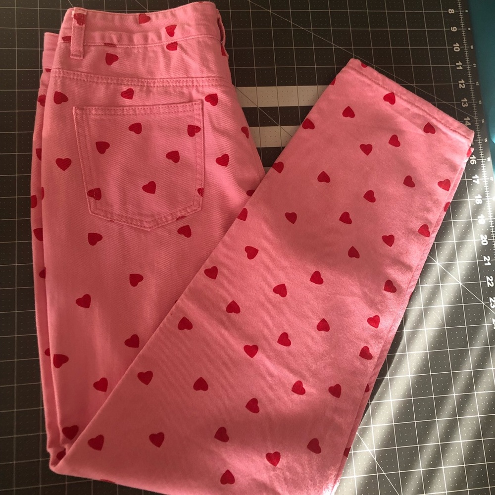 Pink and red heart print straight denim jeans shein